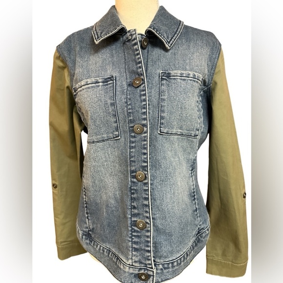 Style & Co. Mixed Media Denim Jean Cotton Jacket Rollup Tab Sleeve Option Medium - Picture 1 of 8